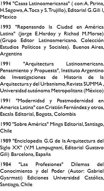 1994 "Casas Latinoamericanas" ( con: A. Ptrina, H.Segowa, A. Toca y S. Trujillo), Editorial G.Gili l, Mexico 1993 "Repensando la Ciudad en América Latina" (Jorge E.Hardoy y Richad M.Morse) (Grupo Editor Latinoamericano. Colección Estudios Políticos y Sociales). Buenos Aires, Argentina 1991 "Arquitectura Latinoamericana. Pensamiento y Propuesta", Instituto Argentino de Investigaciones de Historia de la Arquitectura y del Urbanismo, Revista SUMMA , Universidad autónoma Metropolitana (México) 1991 "Modernidad y Postmodernidad en America Latina" con Cristián Fernández y otros, Escala Editorial, Bogota, Colombia 1990 "Sobre América" Minga Editorial, Santiago, Chile 1989 "Enciclopedia G.G de la Arquitectura del Siglo XX" (V.M Lampugnani, Editorial Gustavo Gili) Barcelona, España 1984 "Las Profesiones" Dilemas del Conocimiento y del Poder (Autor: Gabriel Gyarmati) Ediciones Universidad Católica, Santiago, Chile